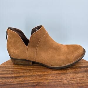 Born Shari Boots Womens 8.5M Brown Leather Slip On Heeled Ankle Booties Back Zip
